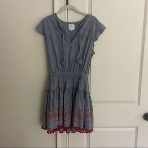 MISA Blue Paisley Red Pom Pom Dress